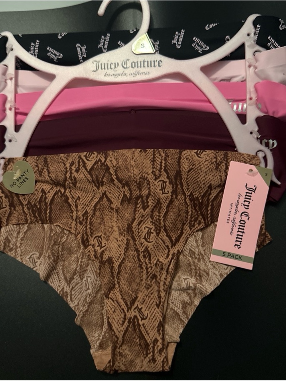 Juicy Couture women  5-Pack No-Show Bottoms - Brown Snakeprint & Pink Mix